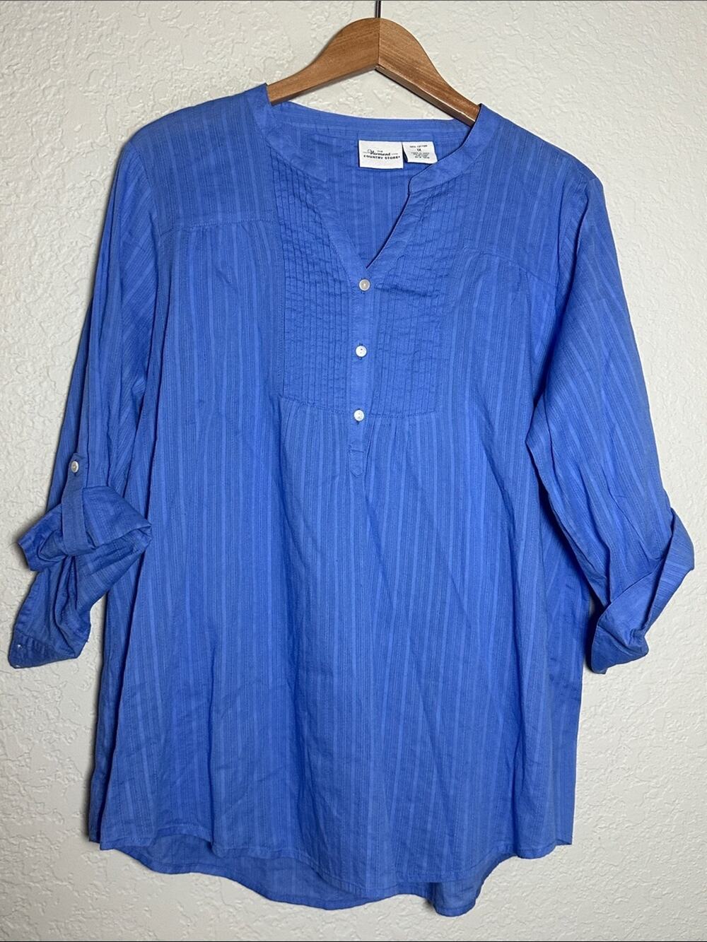 NEW The Vermont Country Store Blue Pintuck Tunic Top Roll Tab Sleeve Summer 1X